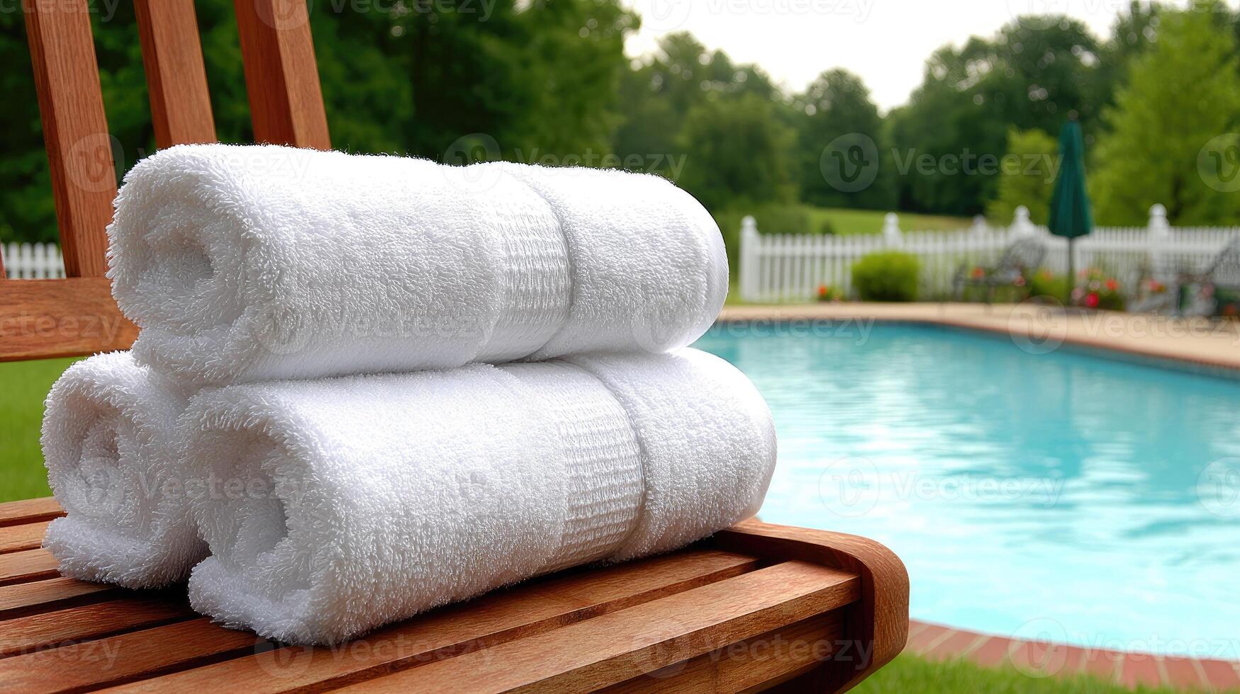 Towels stacked on a wooden chair near a swimming pool photo