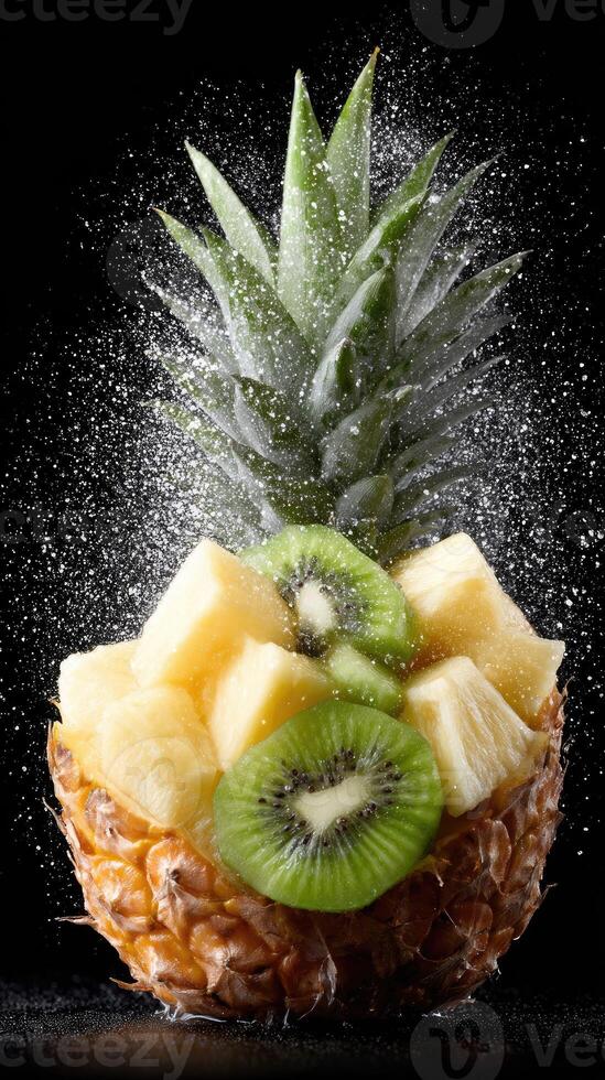 Fresh pineapple with kiwi fruit being sprayed with water photo