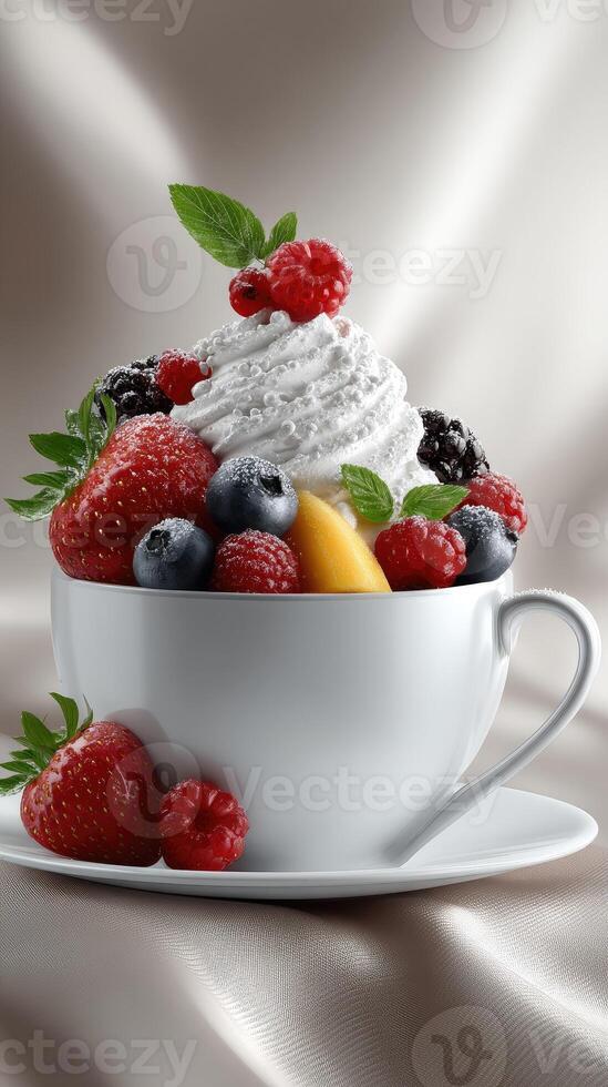 A cup of whipped cream with berries and fruit photo