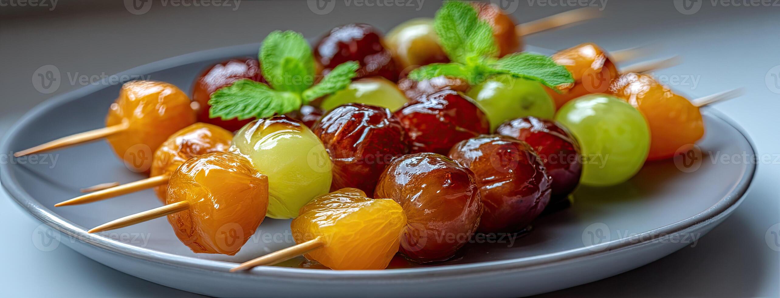 A plate with fruit skewers on it photo