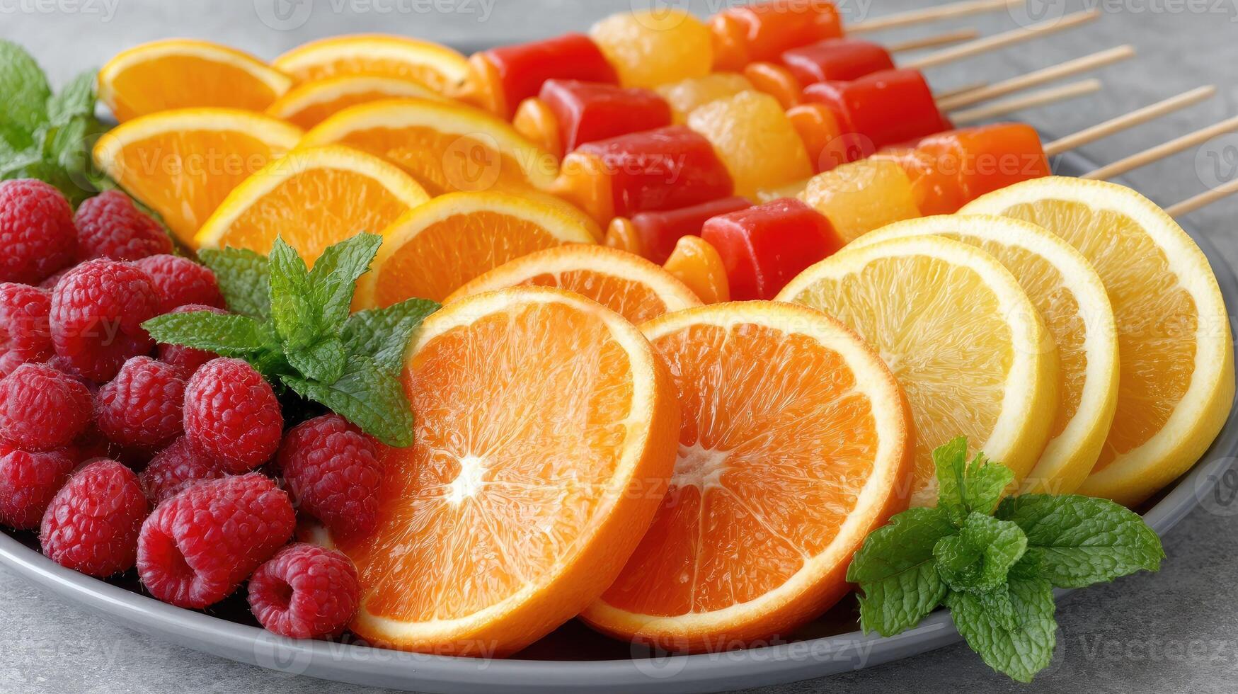 Fresh fruit and vegetables on skewers on a plate photo