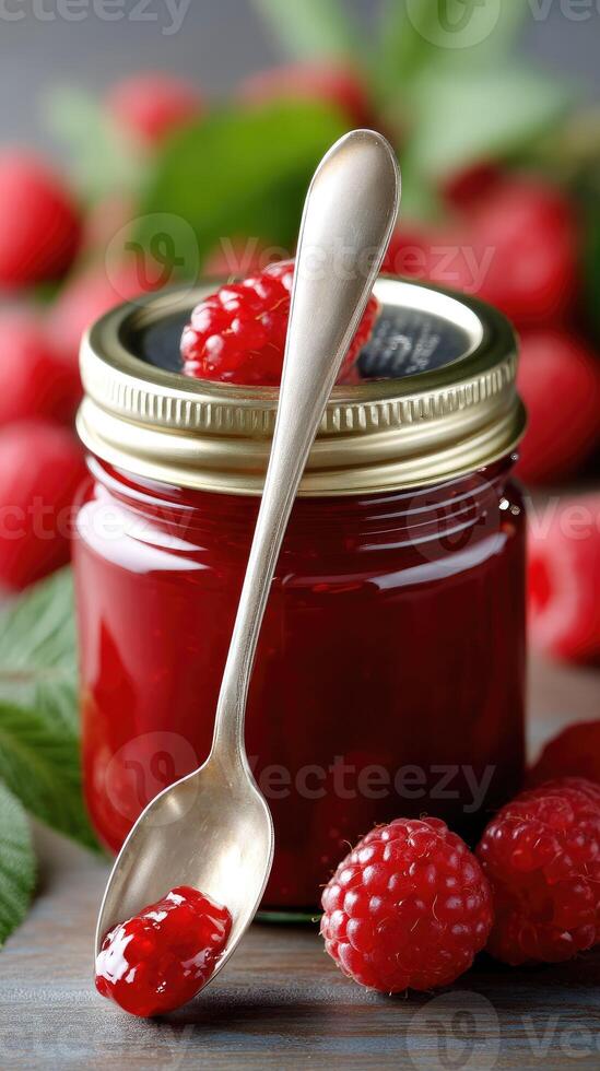 Raspberry jam with spoon photo