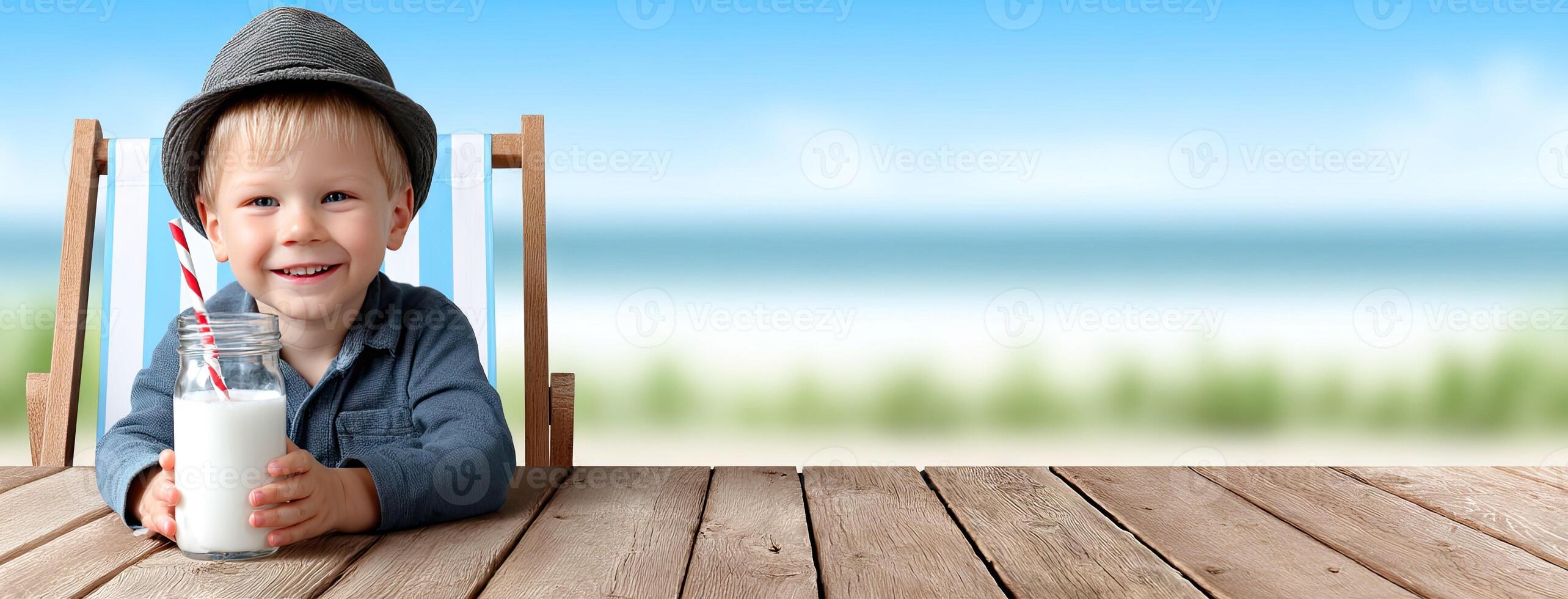 A young boy sitting in a chair with a glass of milk photo