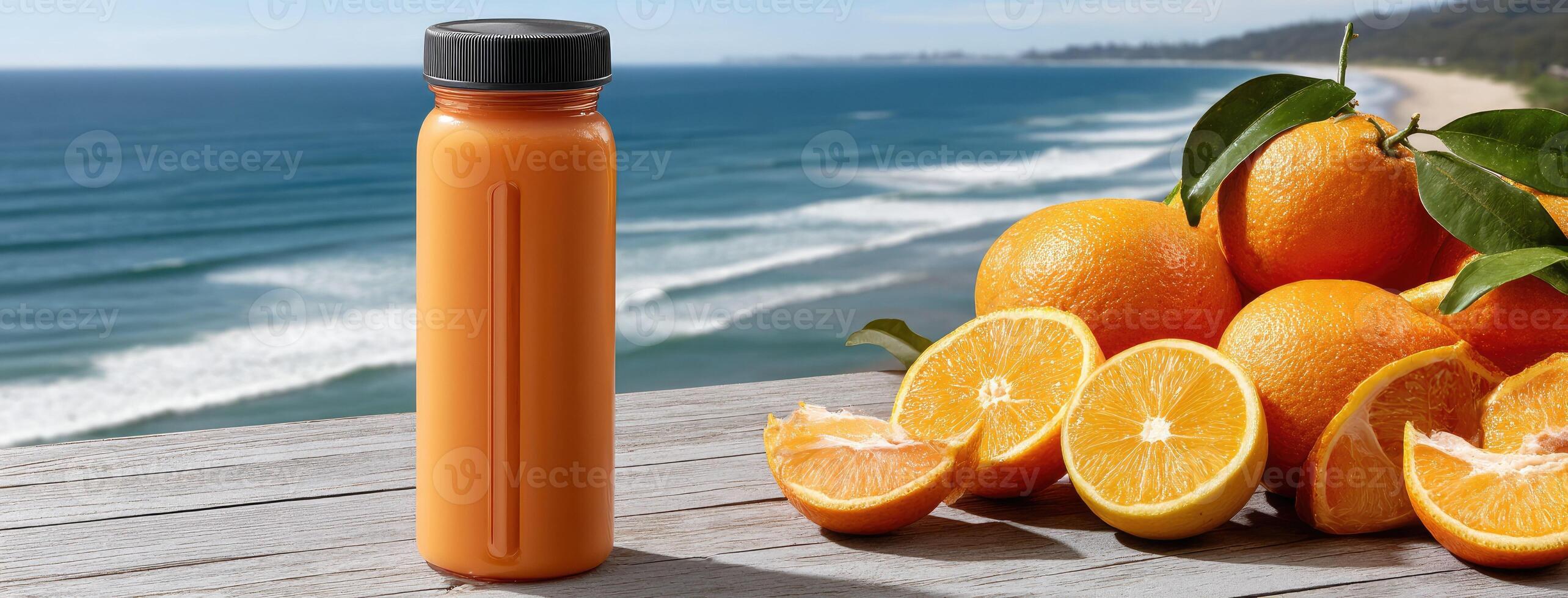 A bottle of orange juice sitting on a table next to a beach photo