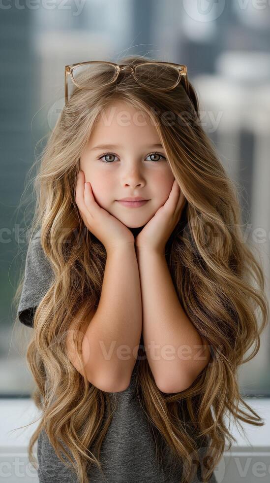 A young girl with long hair and glasses photo