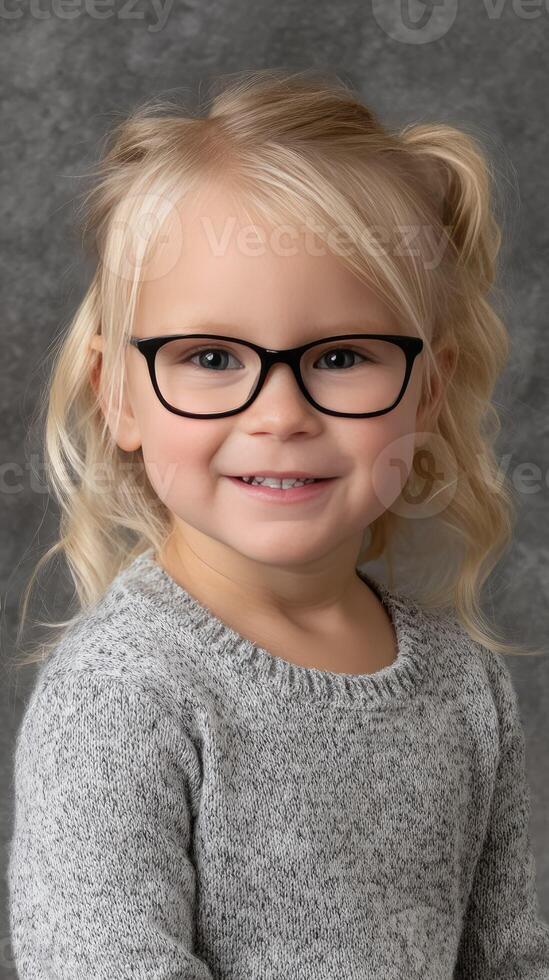 A little girl wearing glasses and a sweater photo