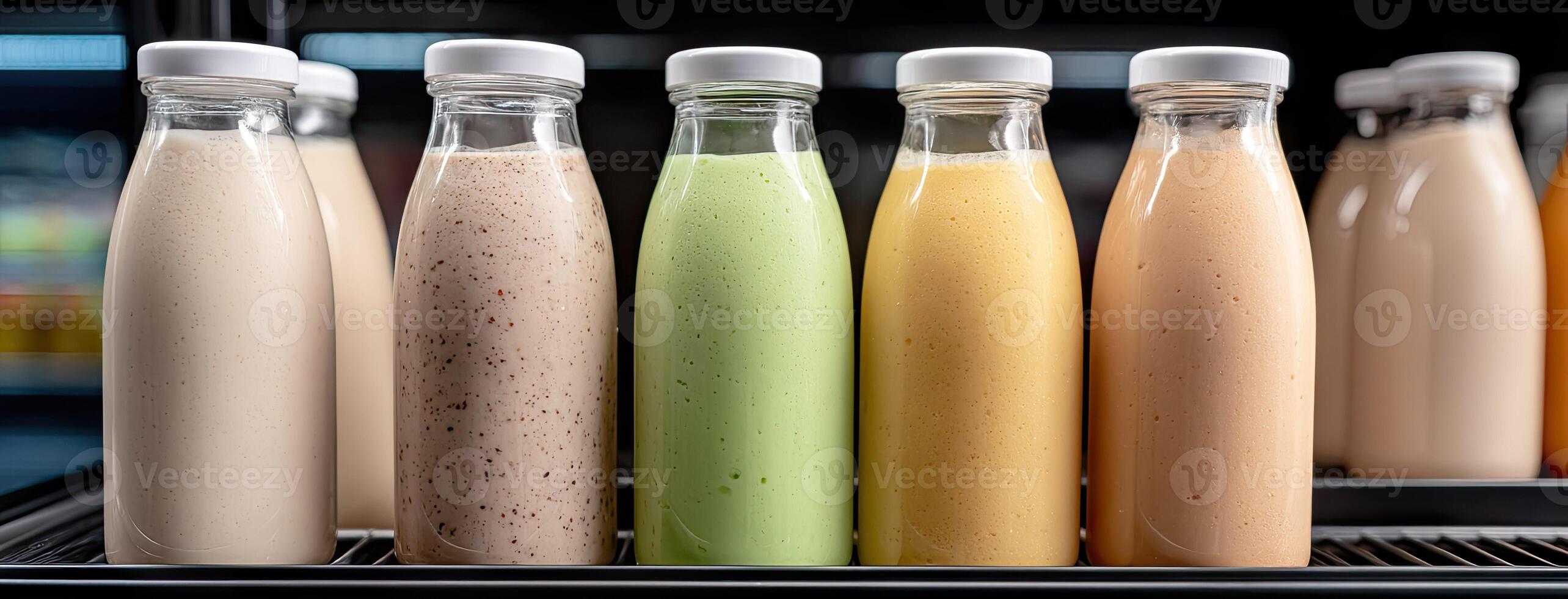 A row of bottles of different colored drinks photo