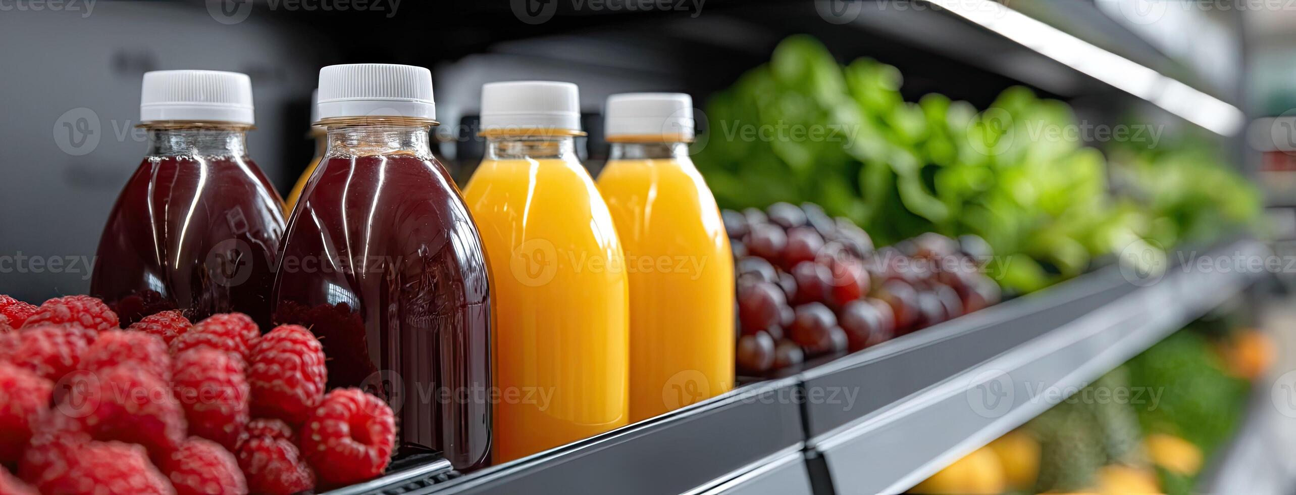 A row of bottles of juice and fruit on a shelf photo