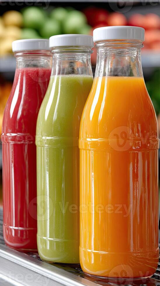 A row of three bottles of juice photo