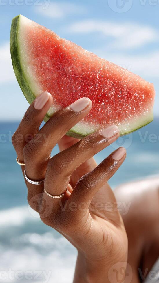A woman holding a slice of watermelon photo
