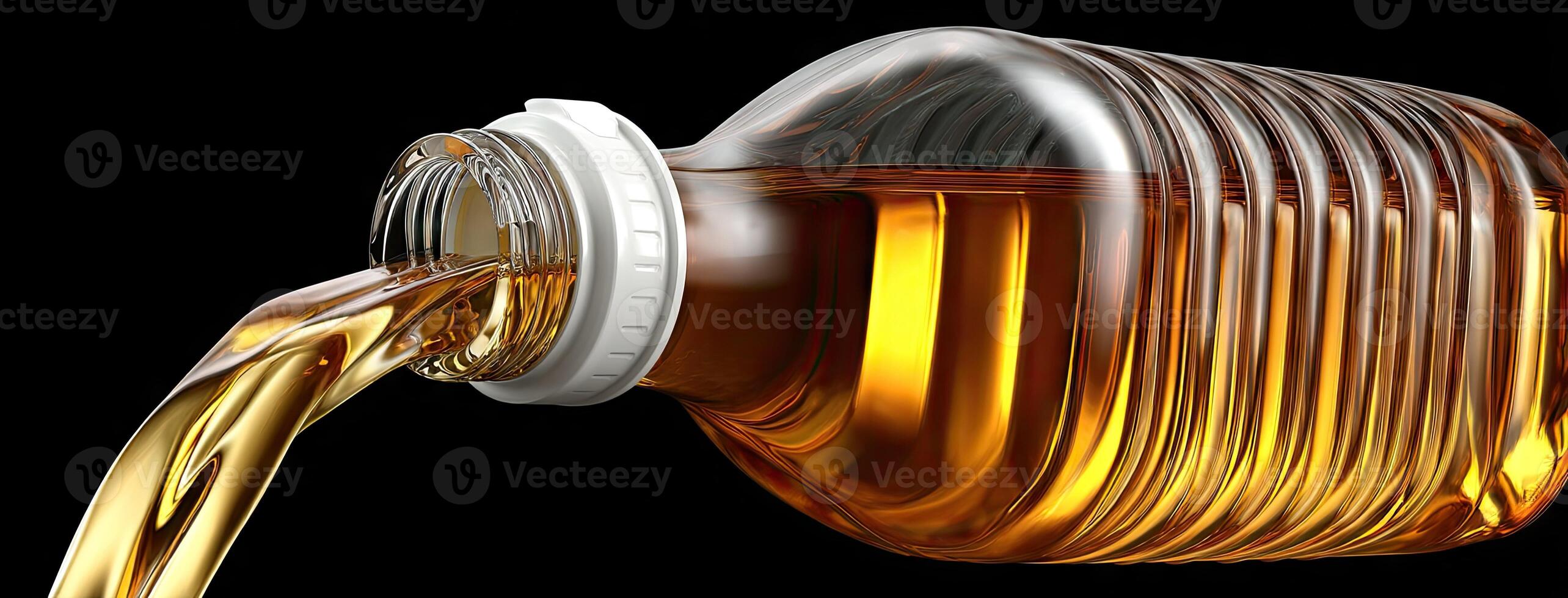 A glass bottle filled with oil is pouring into a black background photo