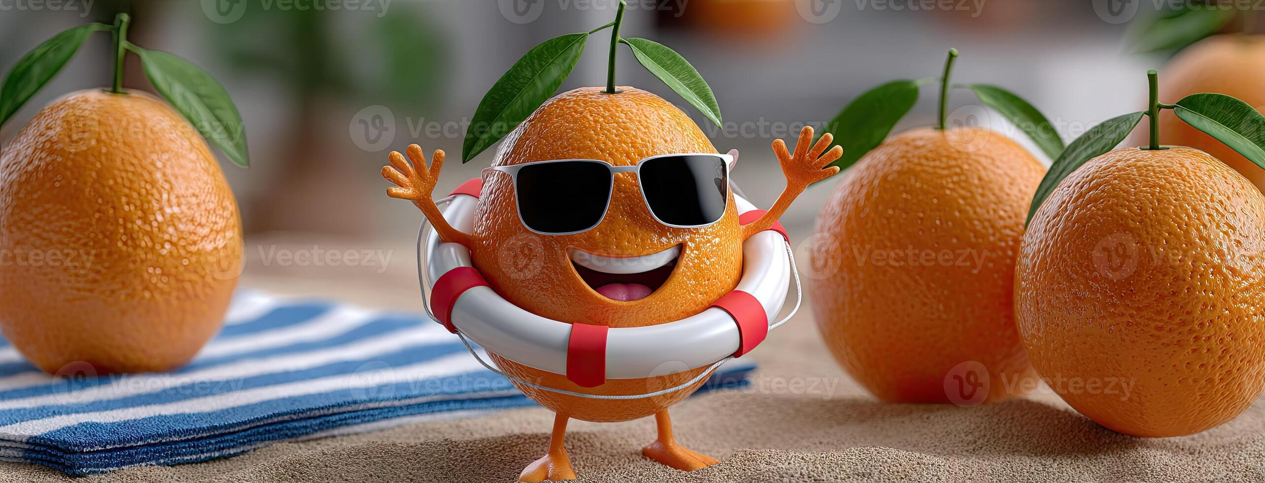 A group of oranges with sunglasses and a life preserver photo