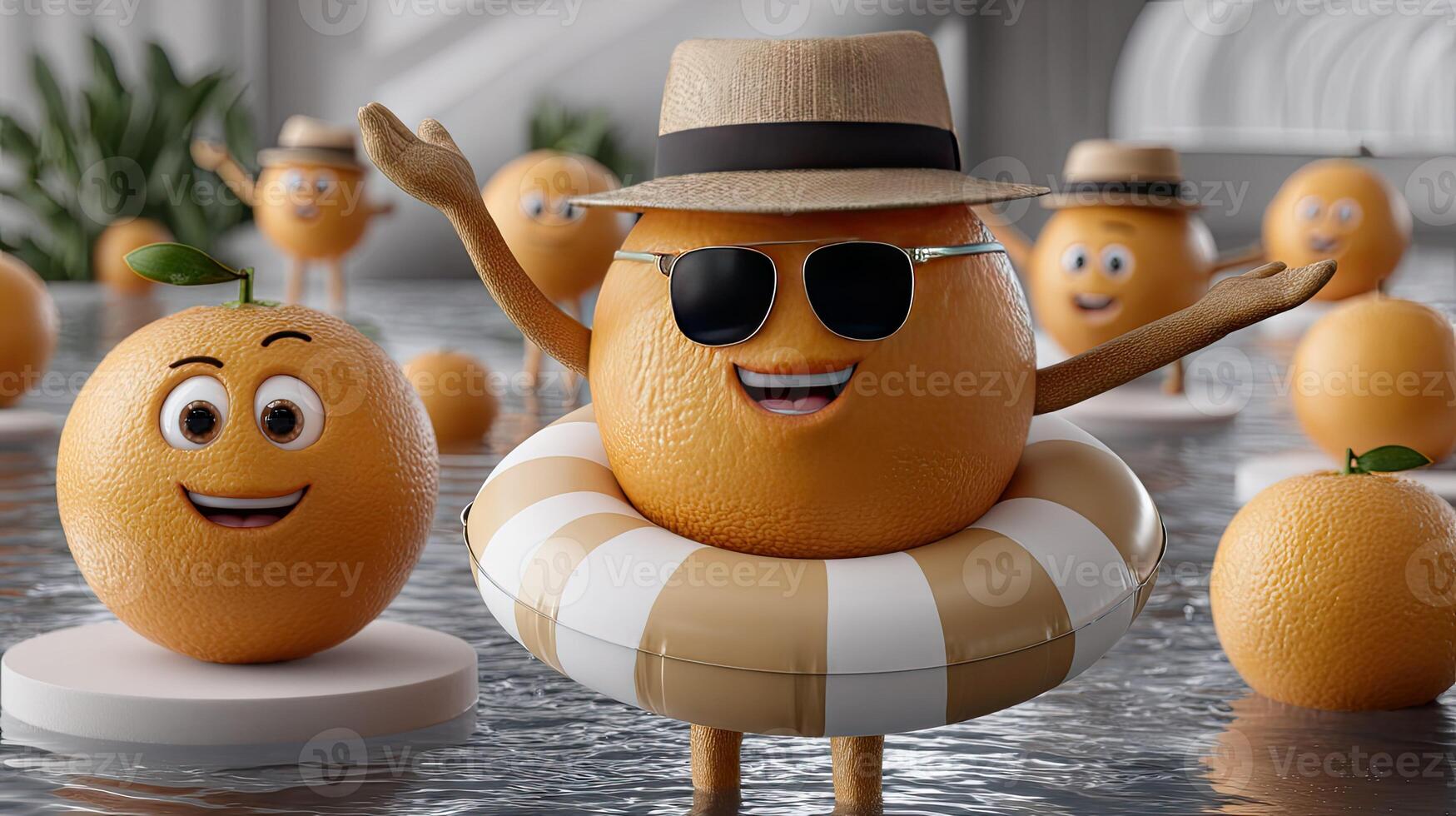 Orange characters in a pool with life preservers photo