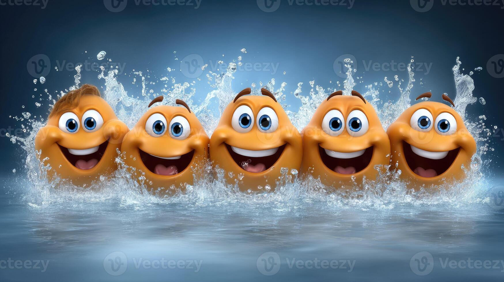 Five orange eggs with faces splashing in water photo