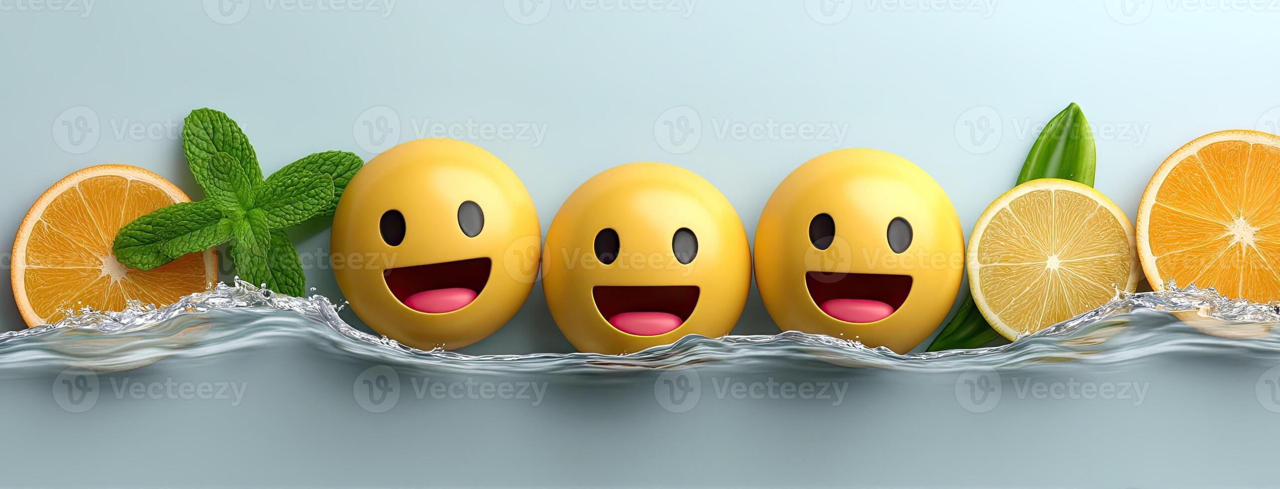 Three yellow emoticions with lemon slices and mint photo
