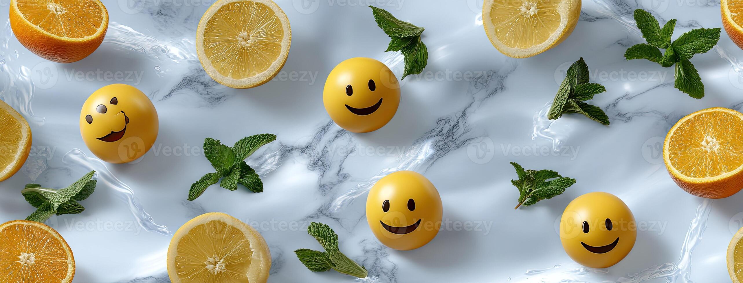 Smiley faces on oranges and mint leaves photo