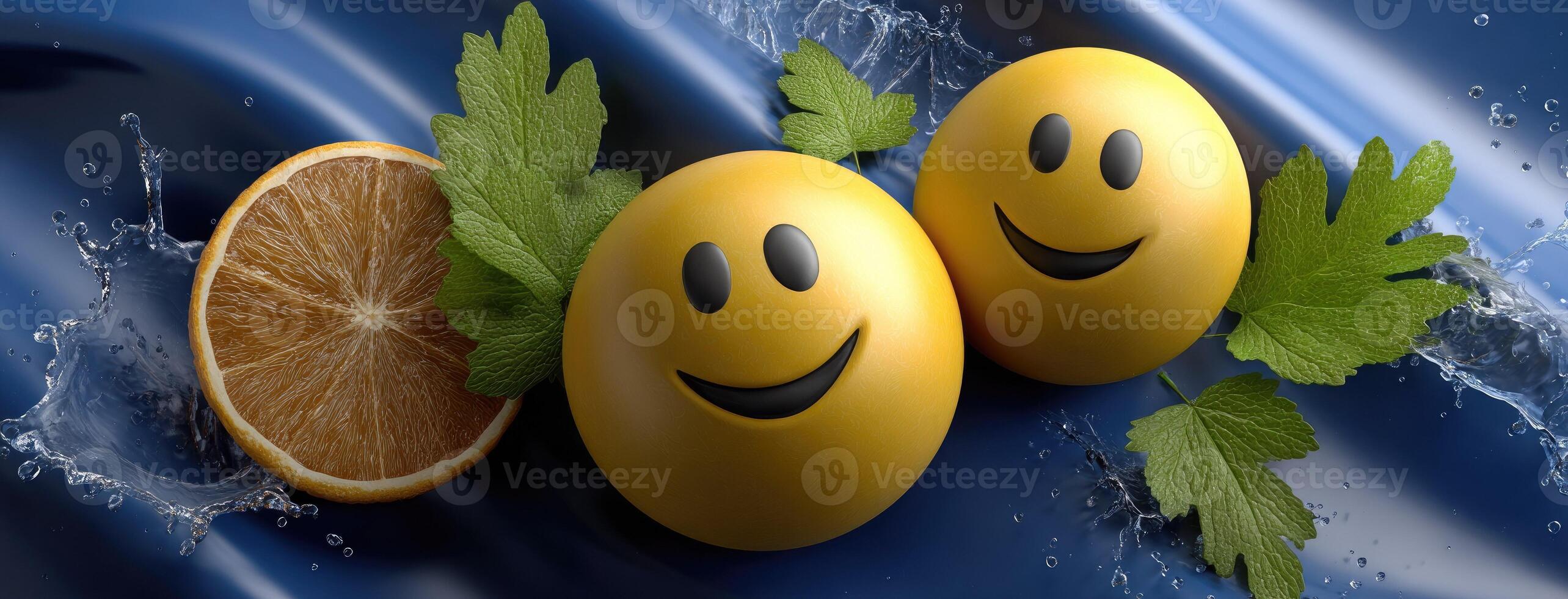 Two oranges with smiley faces and leaves photo
