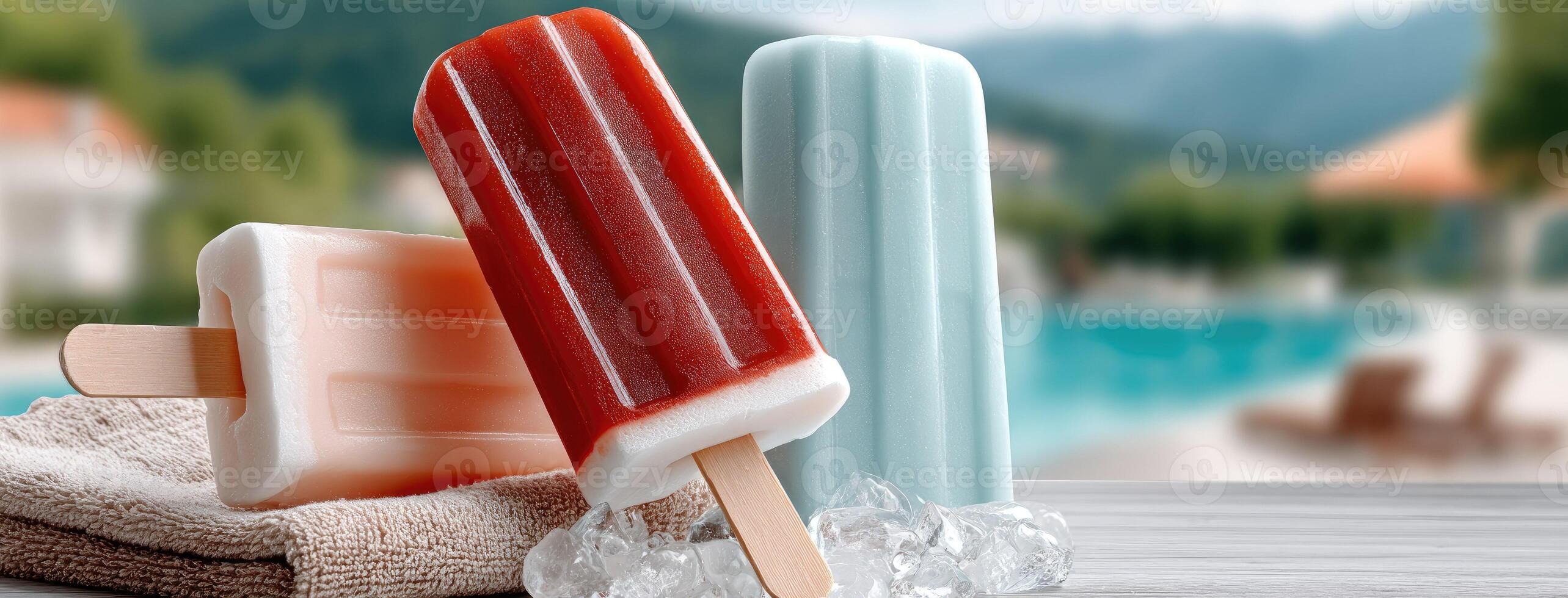 Three popsicles sitting on a towel next to a pool photo