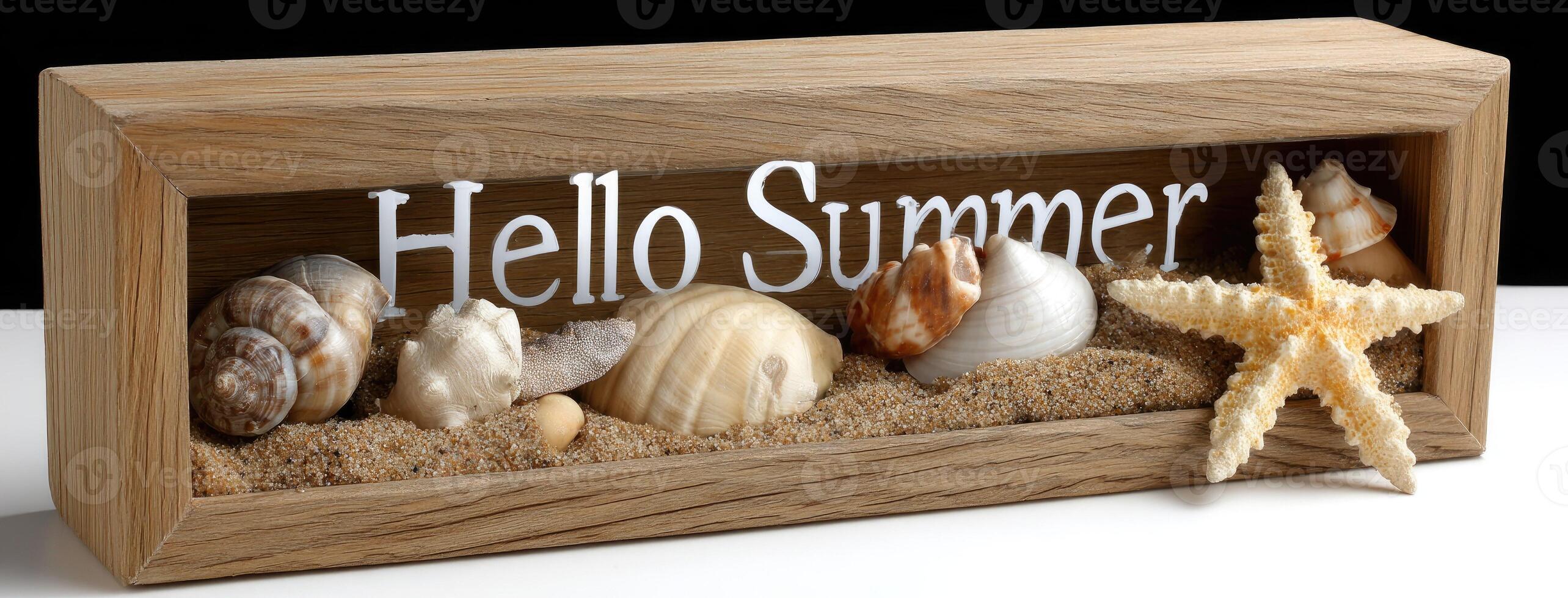 Hello summer sign in wooden frame photo