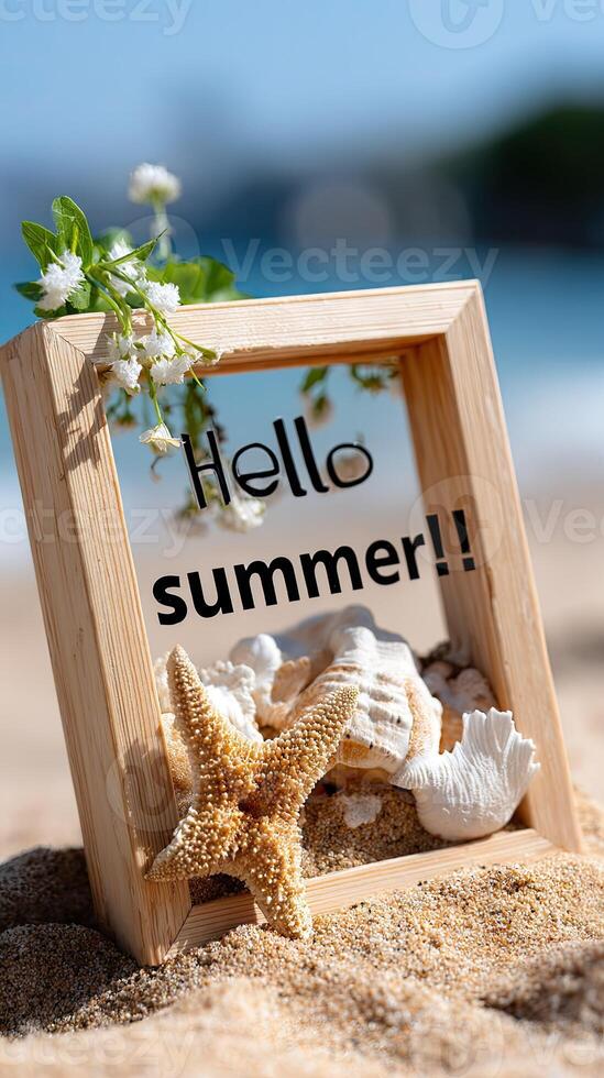 A picture frame with a starfish and shells on a beach photo