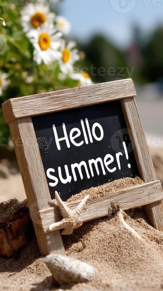 Hello summer sign in the sand photo