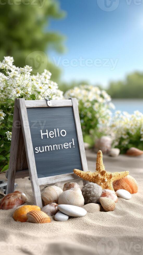 Hello summer sign on the beach with shells and flowers photo