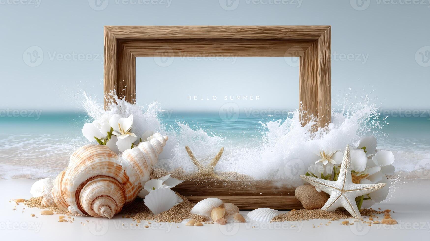 A wooden frame with shells and sea waves photo