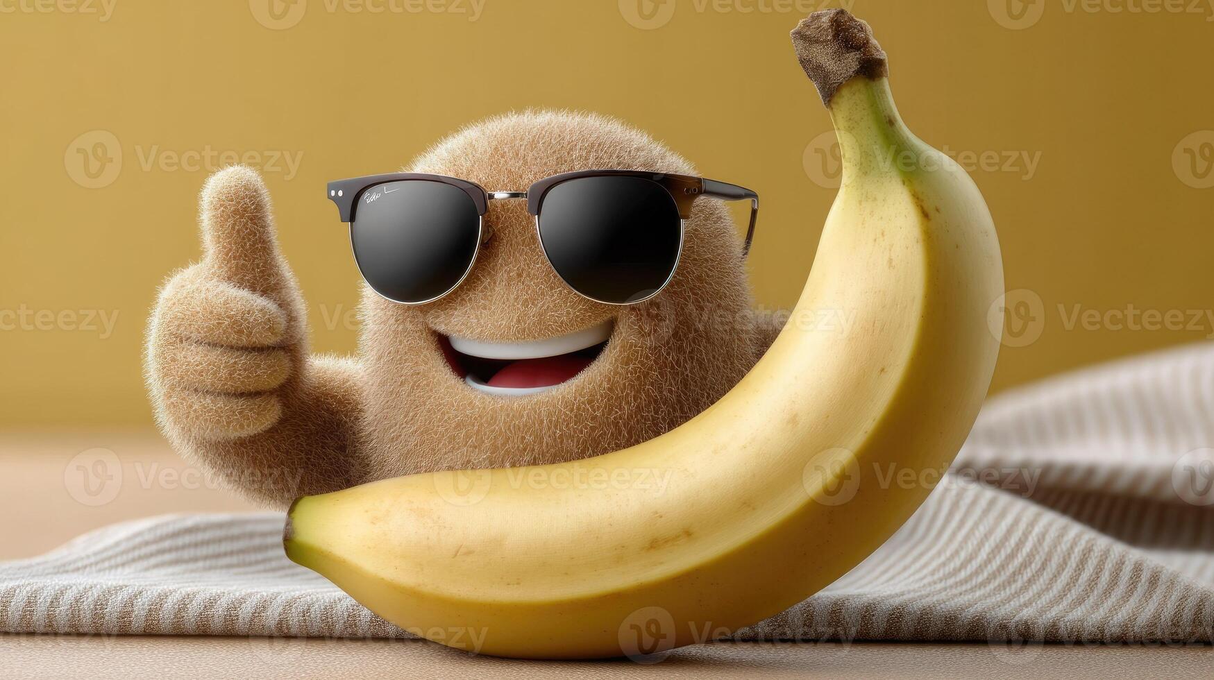 A banana character with sunglasses and a thumbs up photo