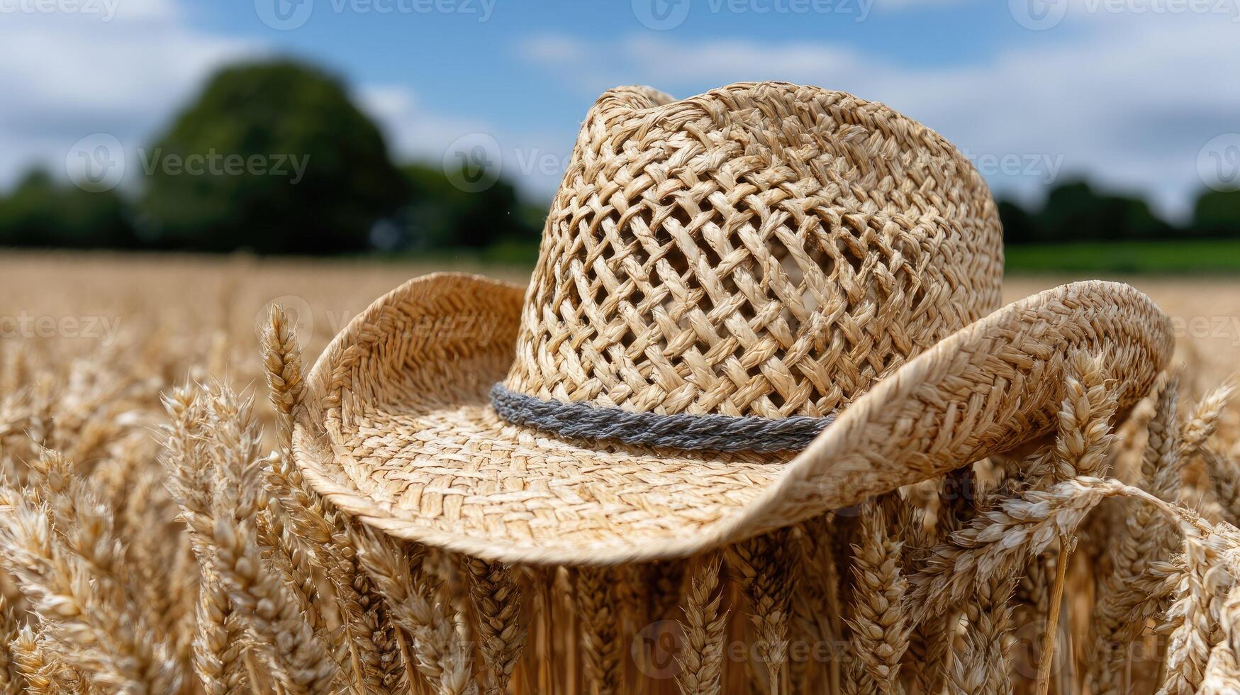 A straw hat sits in a field of wheat photo