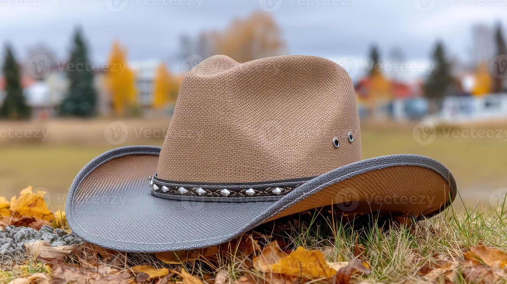 A cowboy hat laying on the ground in the fall photo