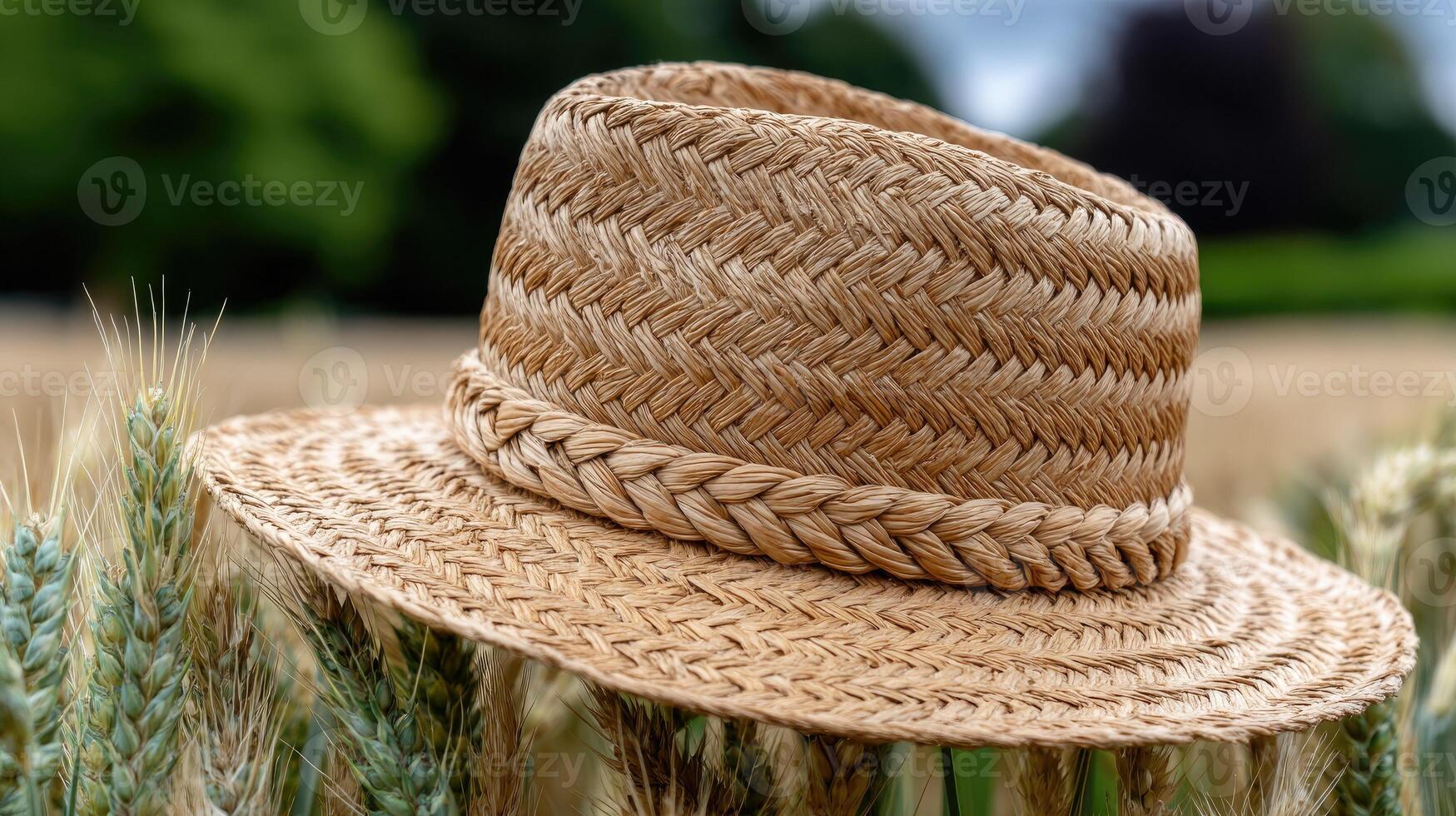 A straw hat is sitting in a field of wheat photo
