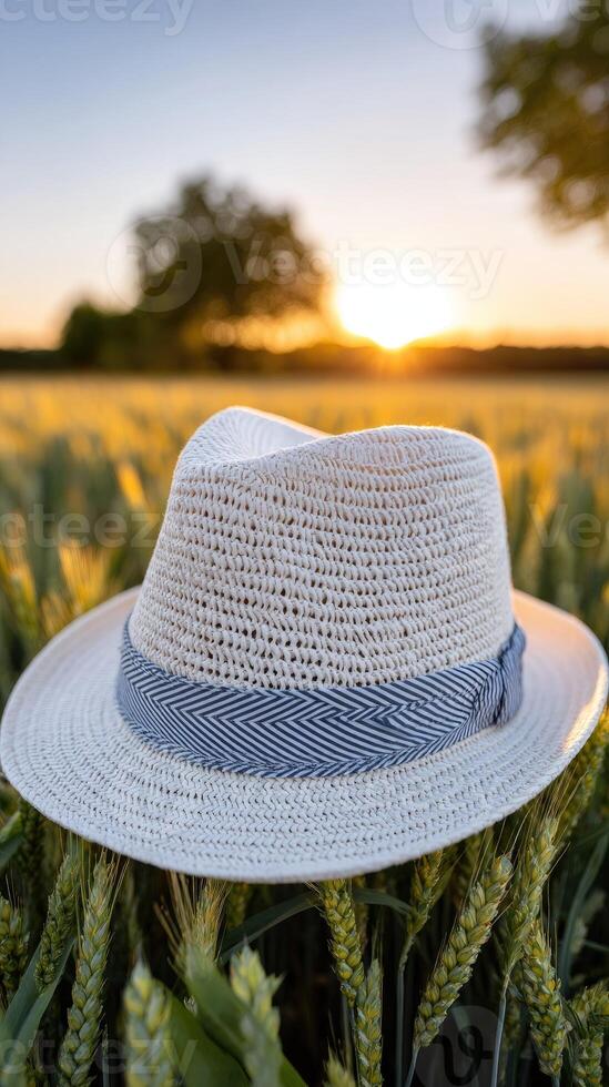 A hat sits in a field of wheat at sunset photo