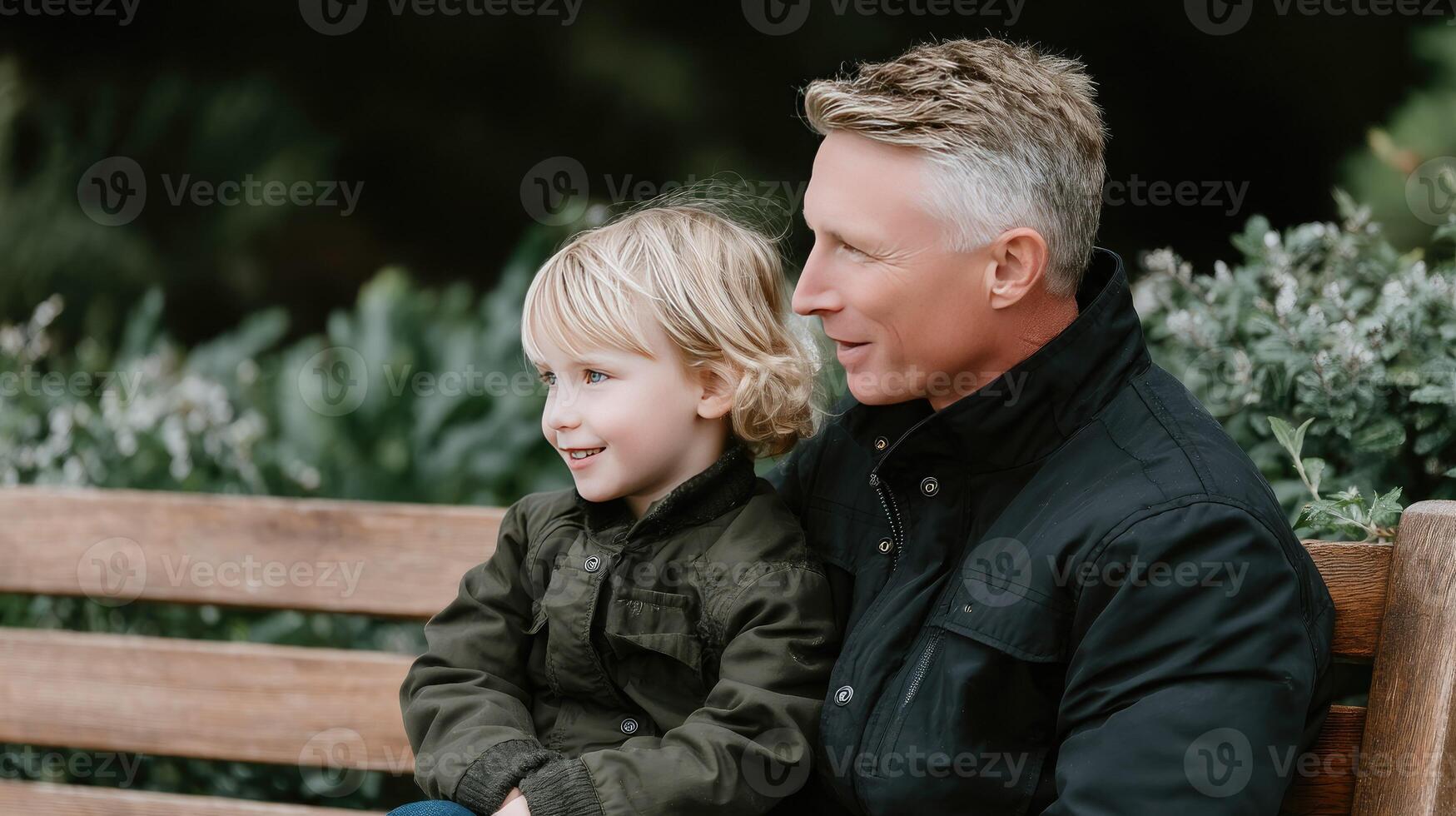 A man and a young boy sitting on a bench photo