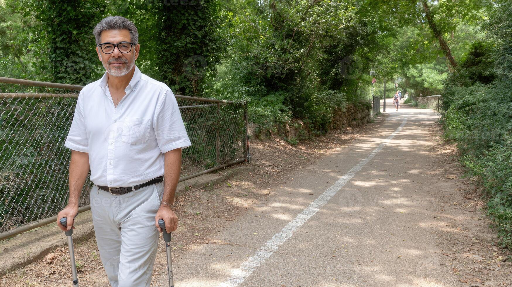 A man with crutches walking down a path photo