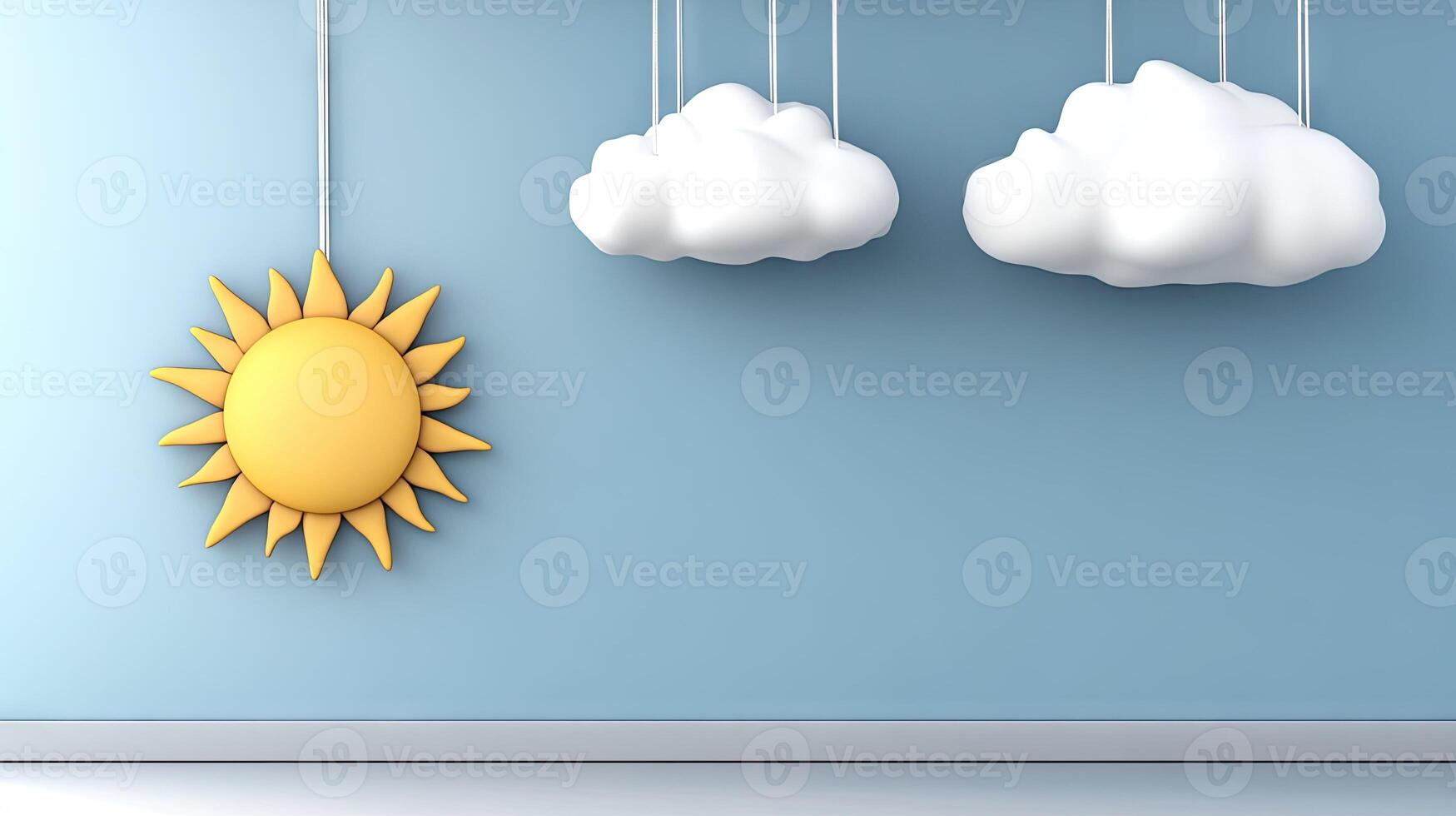 Three clouds and a sun hanging from strings photo