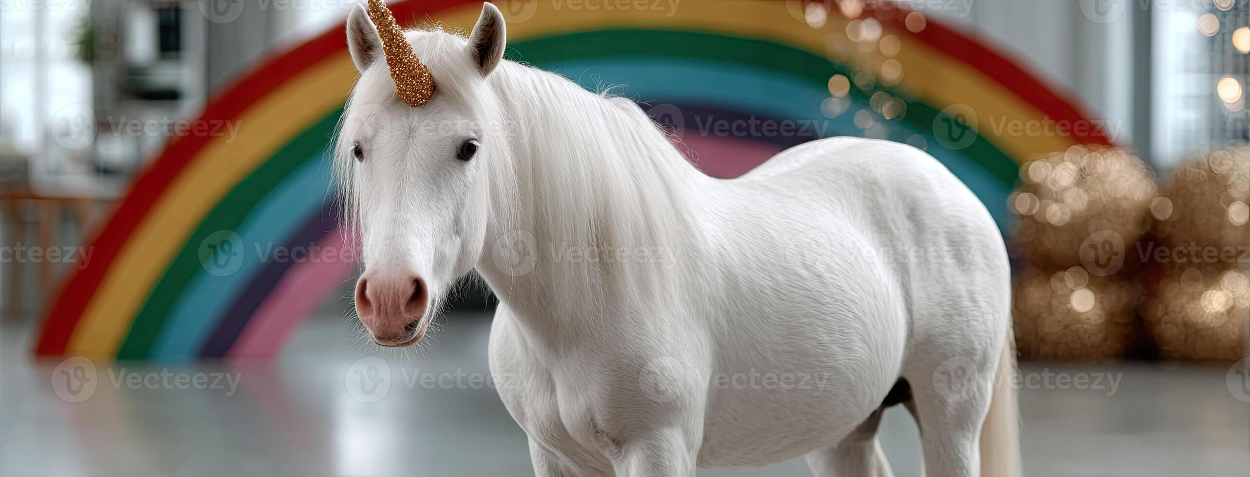 A white unicorn is standing in front of a rainbow photo