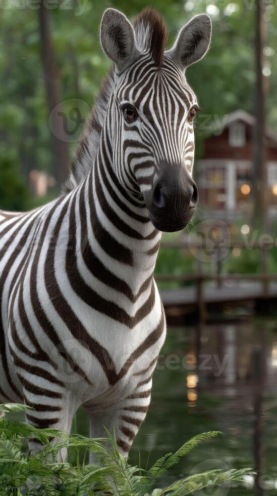 A zebra standing in front of a pond photo