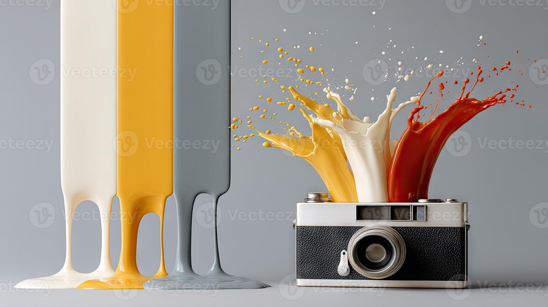 A camera with a splash of paint and a splash of milk photo