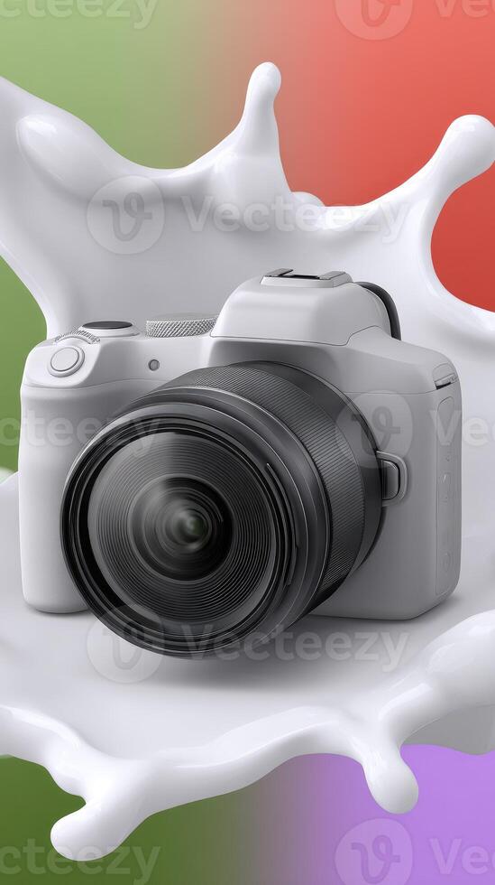 A camera is sitting on top of a colorful splash photo