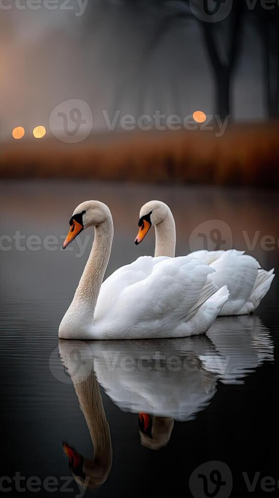 Two swans are swimming in the water at dusk photo