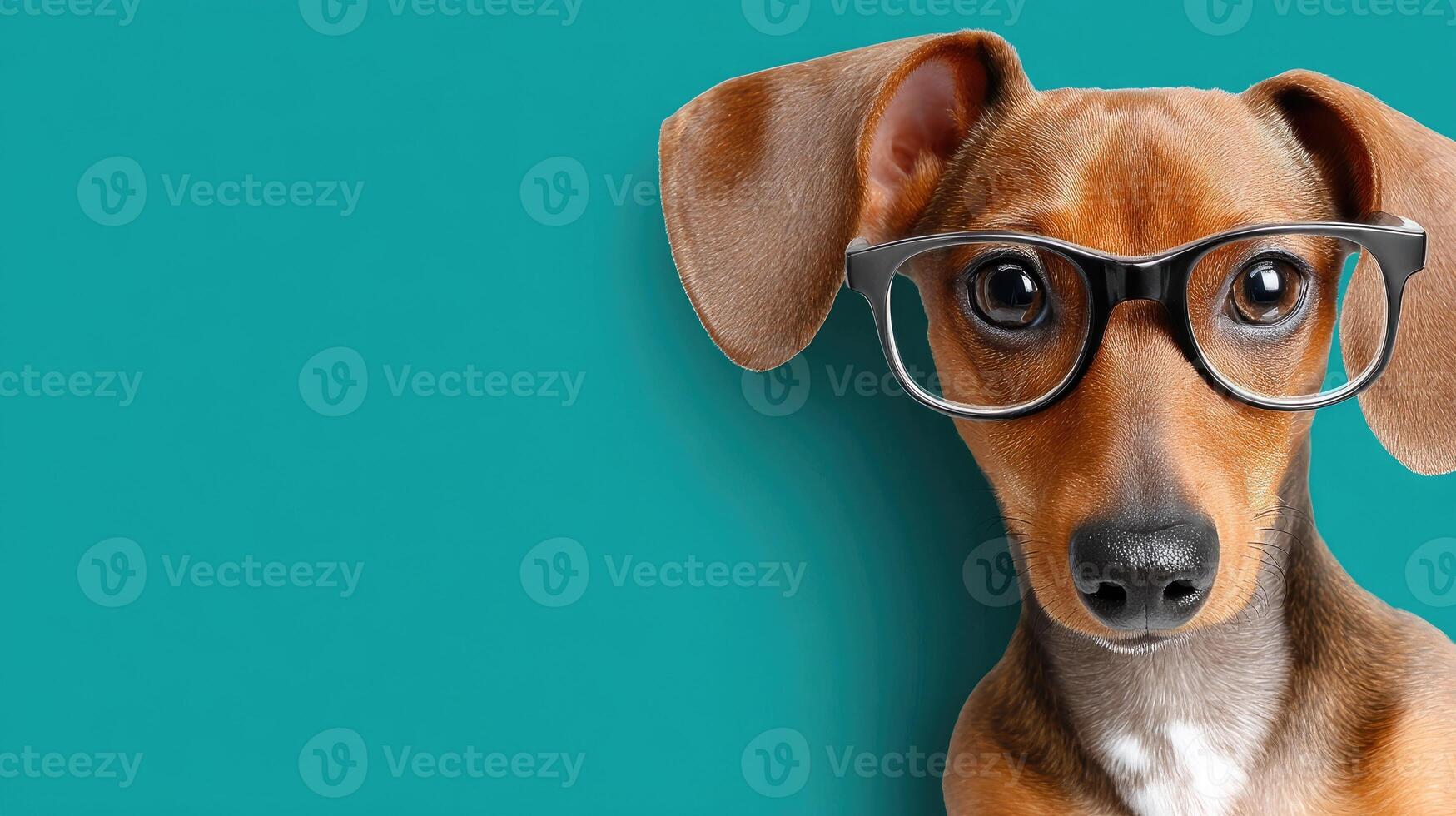 A dog wearing glasses on a turquoise background photo