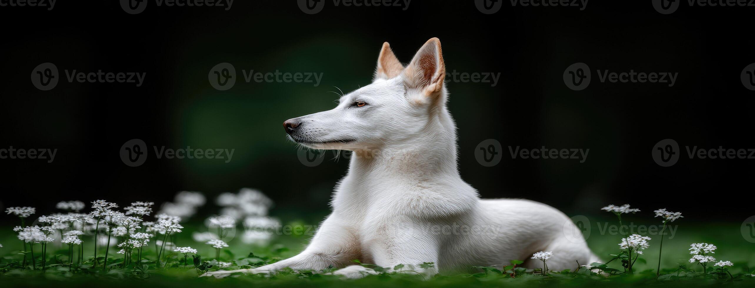 A white dog sitting in the grass with flowers photo