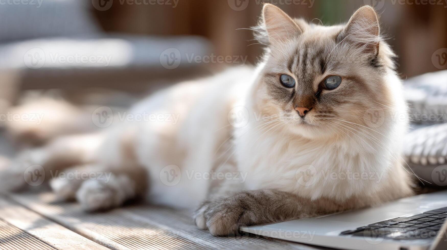 A cat laying on a wooden deck with a laptop photo