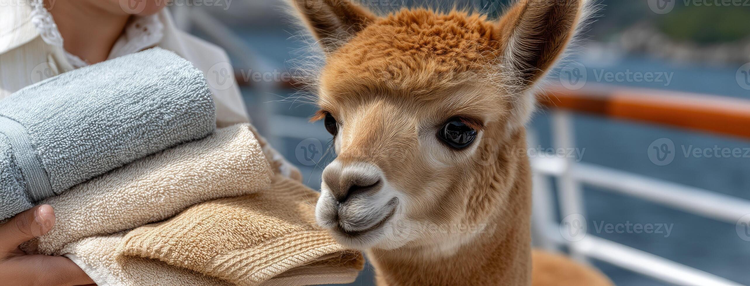 A woman holding a towel and a llama on a boat photo