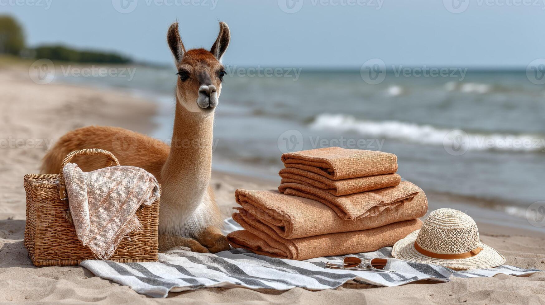 A llama laying on a towel on the beach photo