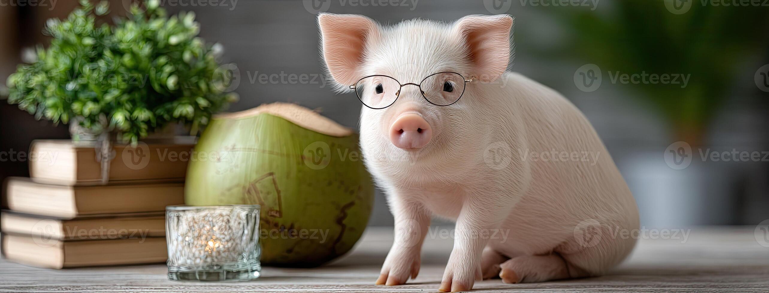 A pig wearing glasses sits next to books and a coconut photo