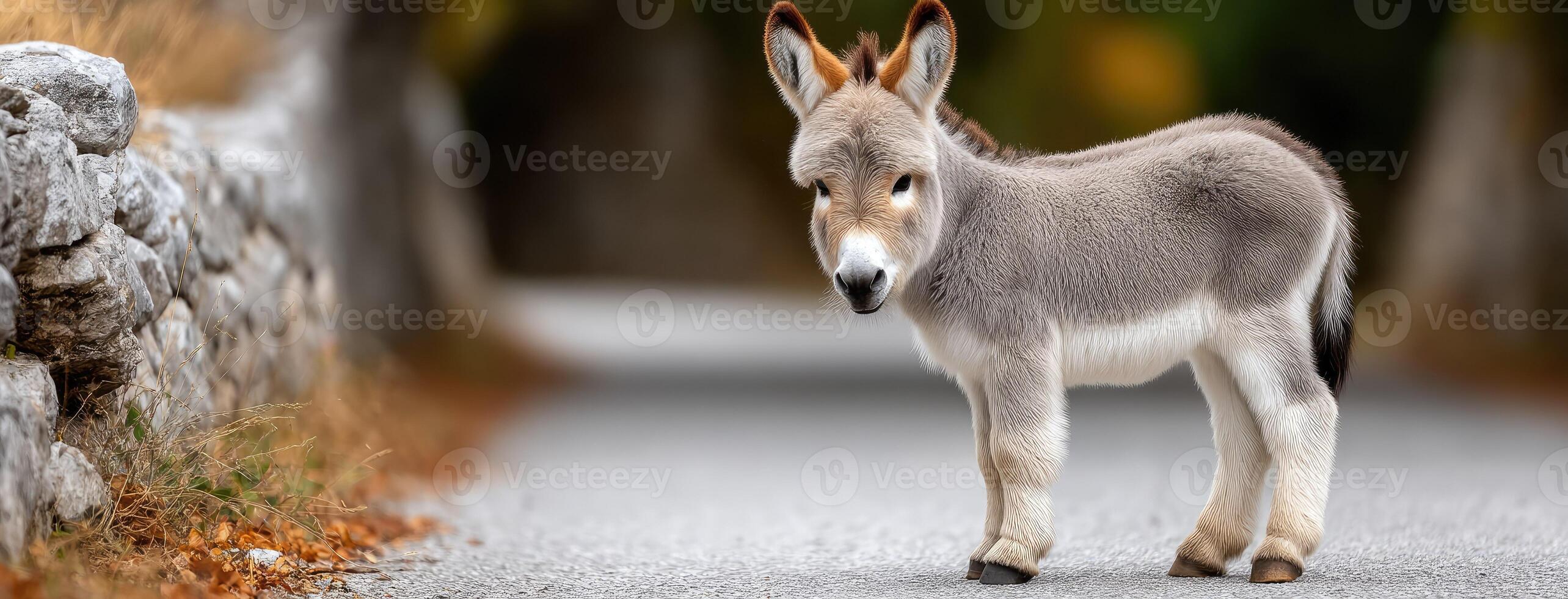 A small donkey is standing on the road photo