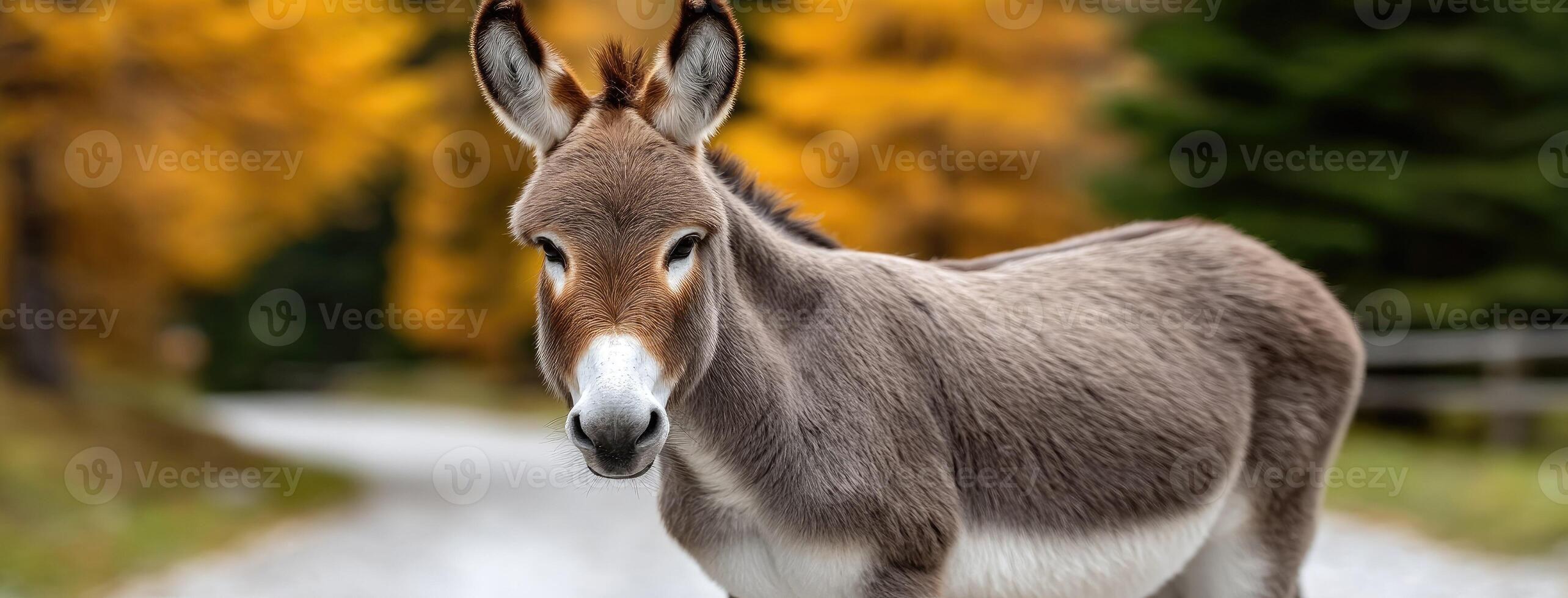 A donkey is standing on a road in front of trees photo