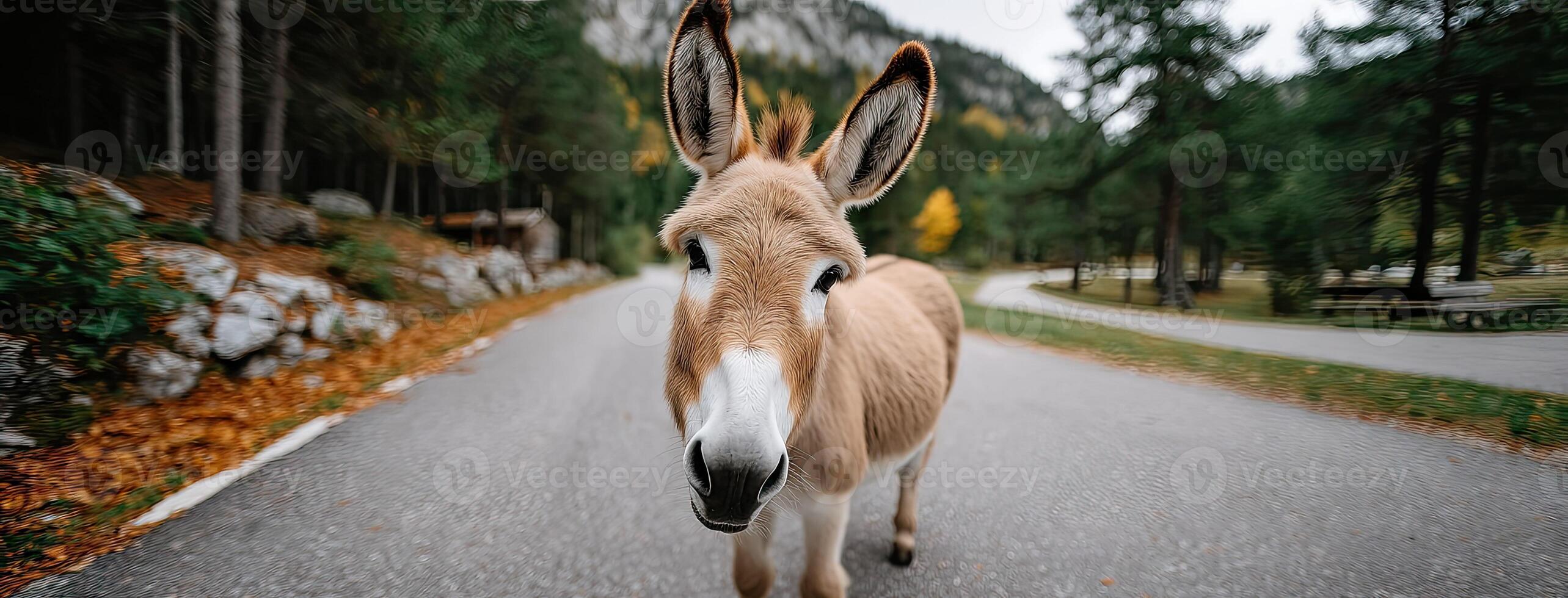 A donkey walking down the road photo