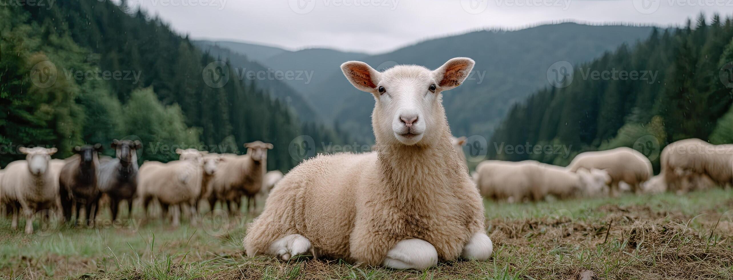 A sheep laying down in a field with other sheep photo